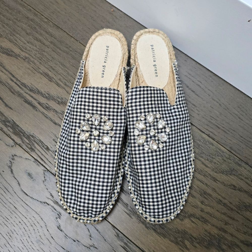 Patricia Green Gingham Glam Jewel Crystal Slip On Mule Espadrilles in Black 41